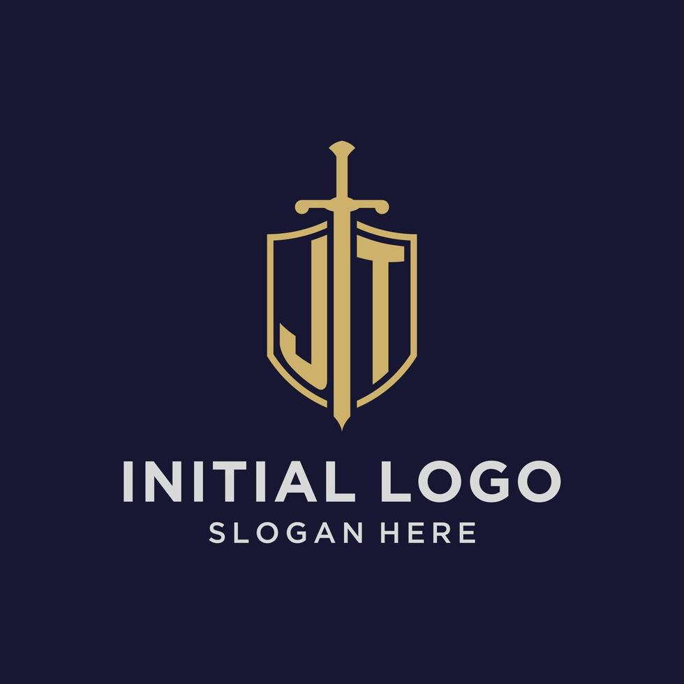 monograma inicial del logotipo jt con diseño de escudo y espada vector