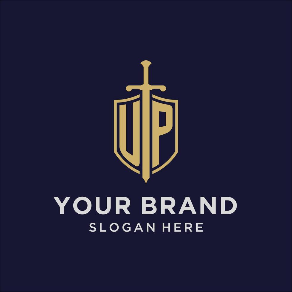 UP logo initial monogram with shield and sword design vector