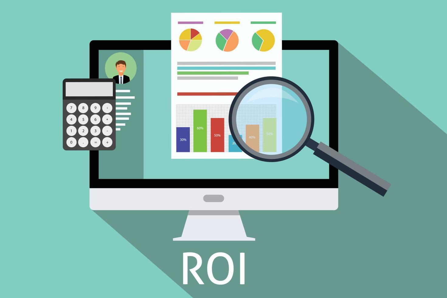 roi return on investment computer calculator magnifying glass vector
