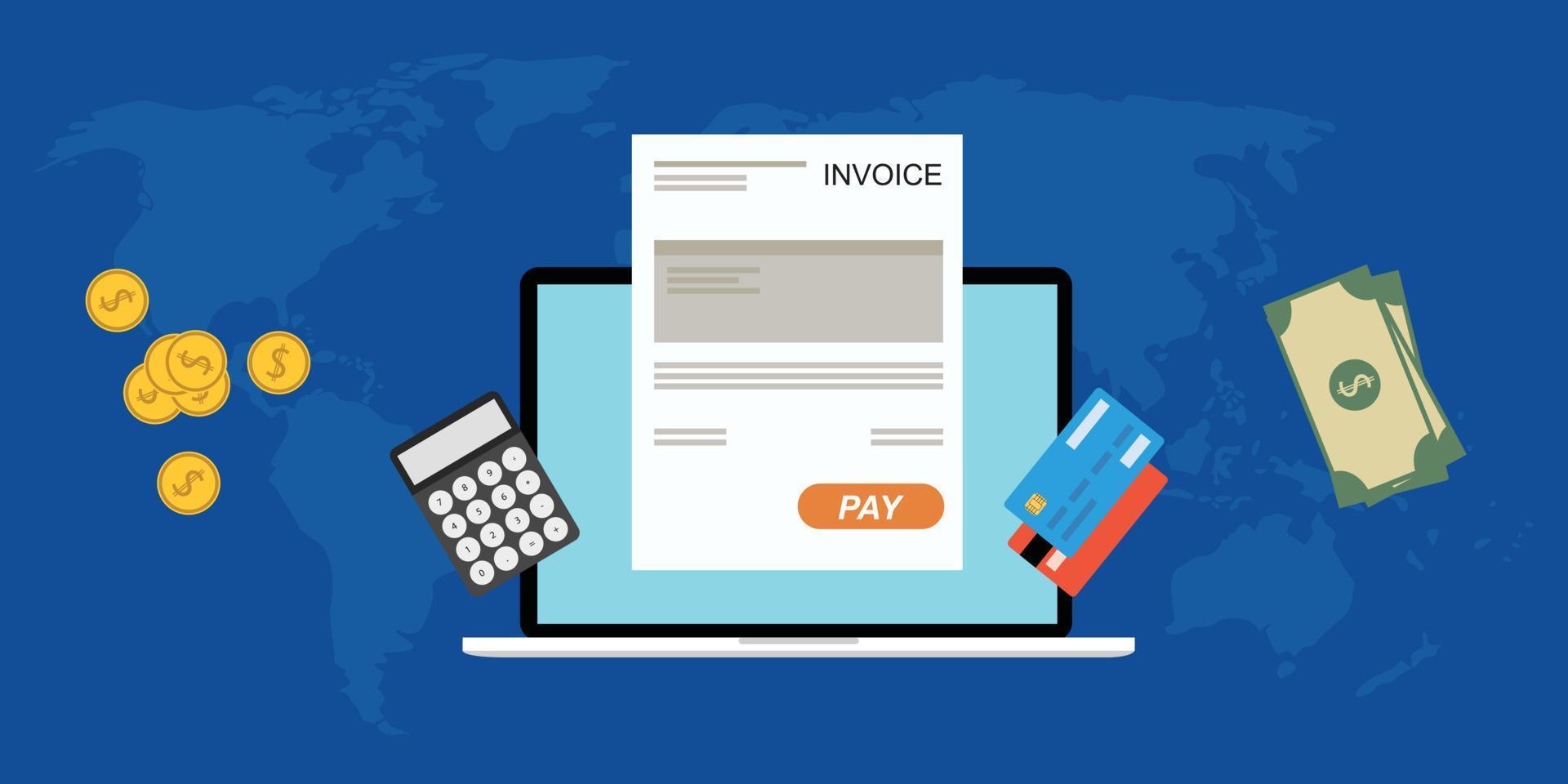 Online digitalinvoice laptop or notebook with calculator credit card money coins flat illustration vector