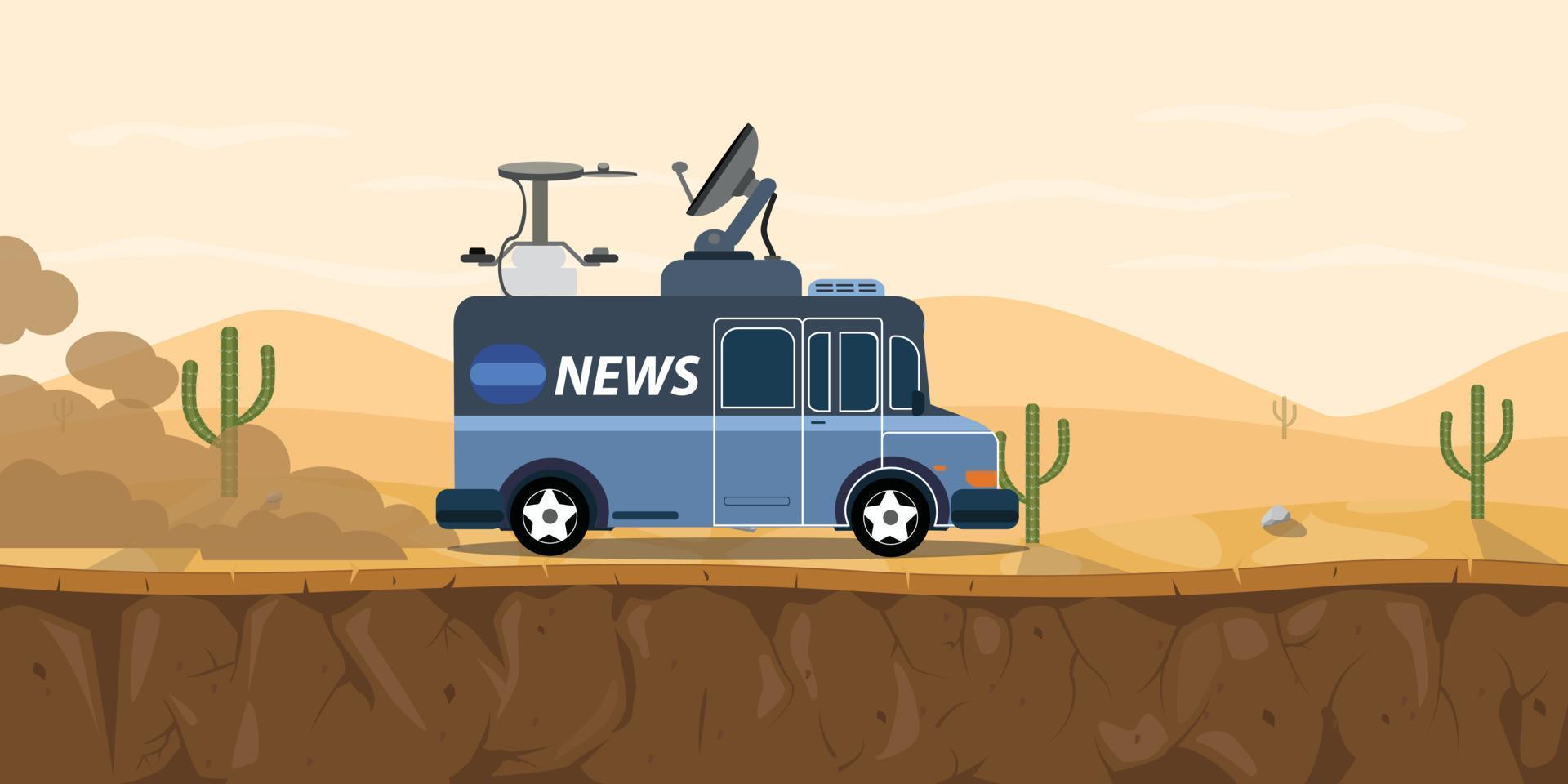 noticias tv coche van en el desierto con arena y cactus montaña vector ilustración gráfica