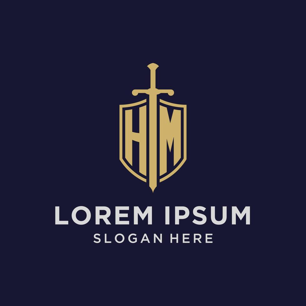 HM logo initial monogram with shield and sword design vector
