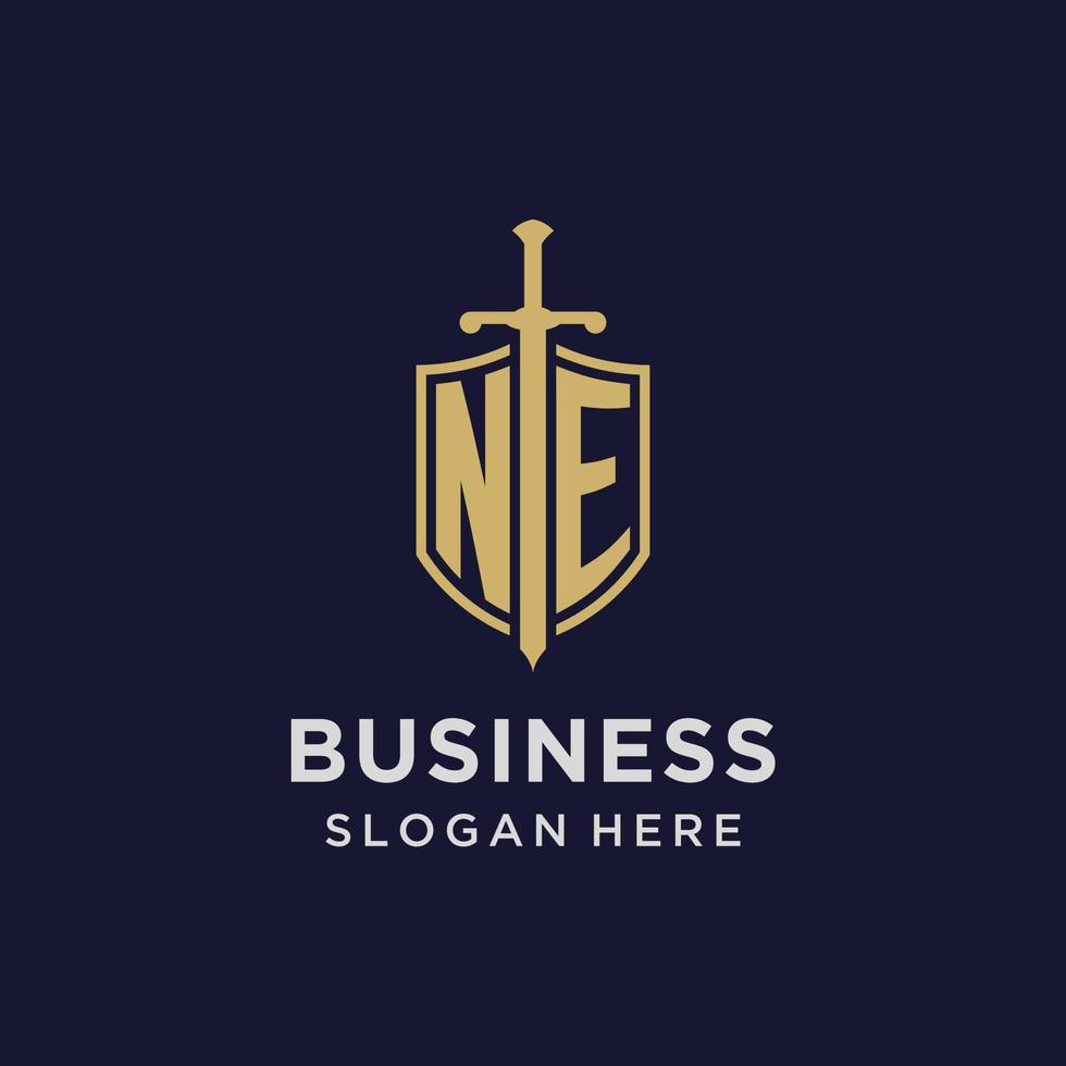 NE logo initial monogram with shield and sword design vector