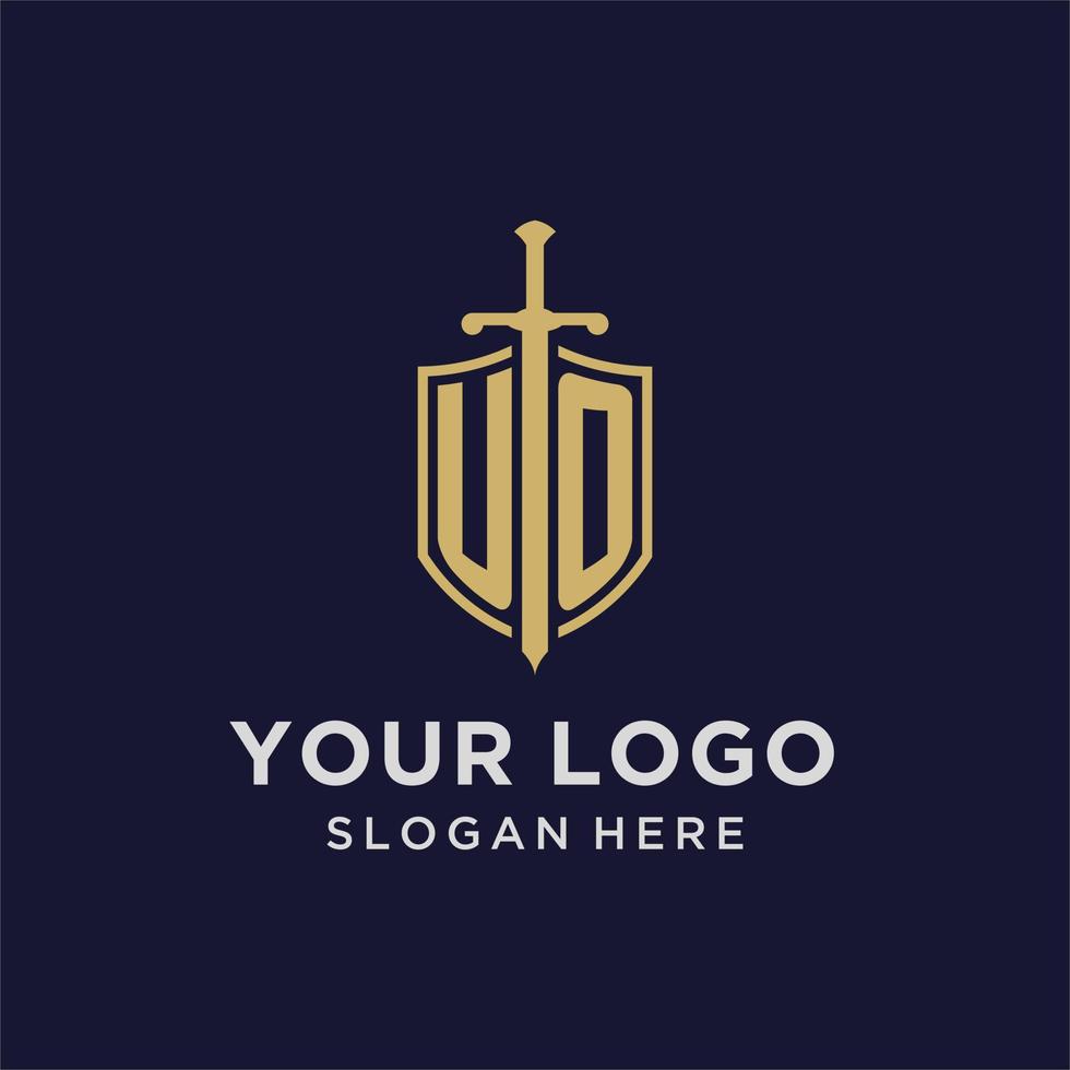 UO logo initial monogram with shield and sword design vector