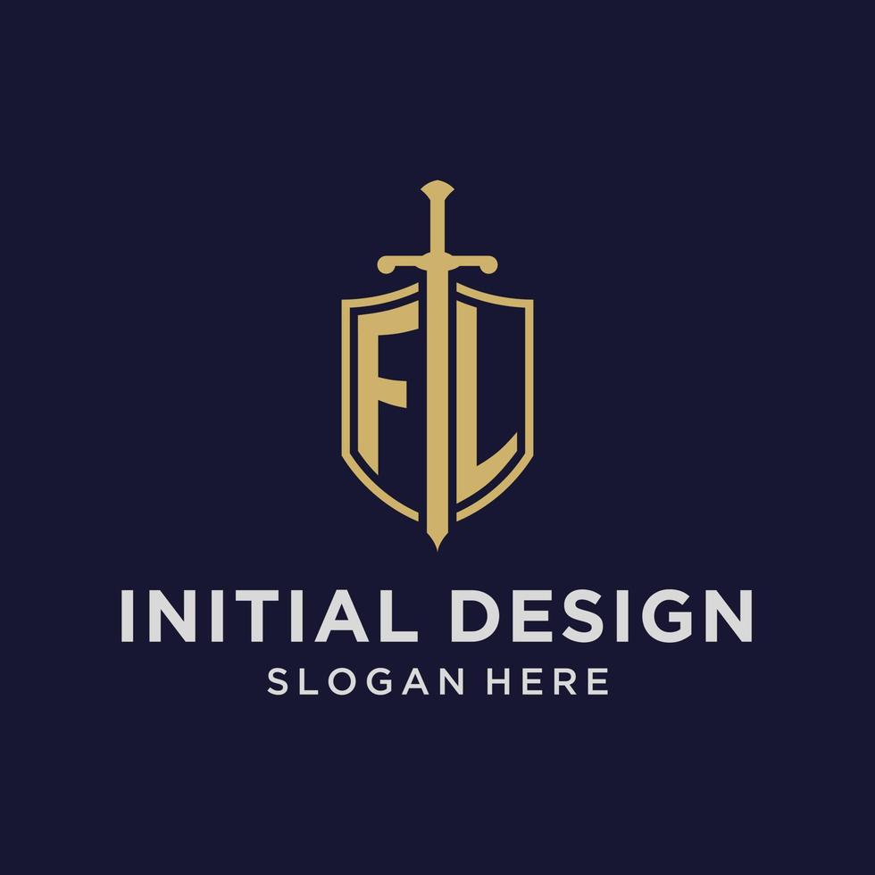 FL logo initial monogram with shield and sword design vector