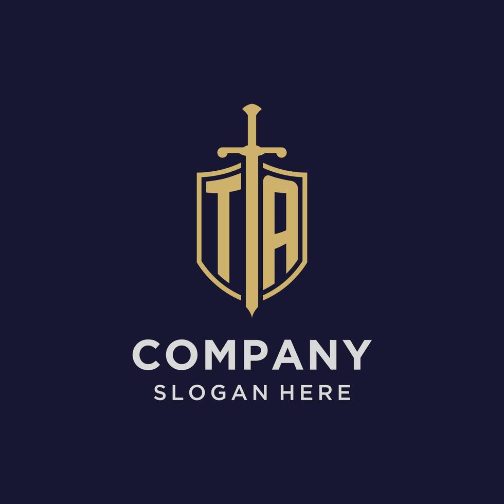 TA logo initial monogram with shield and sword design vector