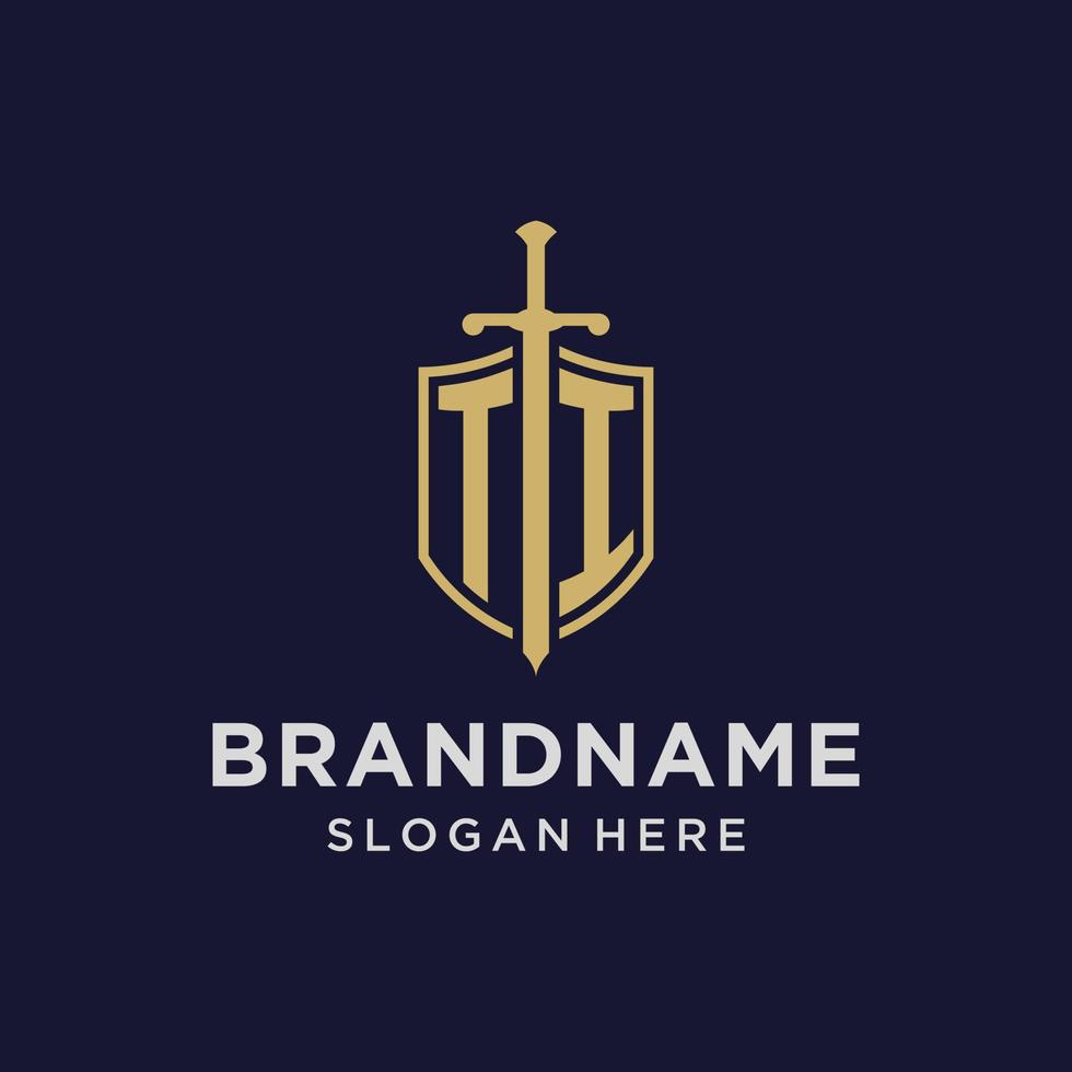 TI logo initial monogram with shield and sword design vector