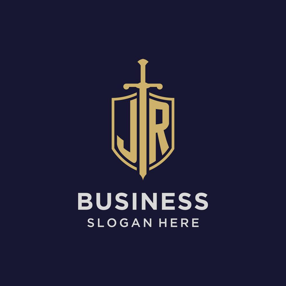 JR logo initial monogram with shield and sword design vector