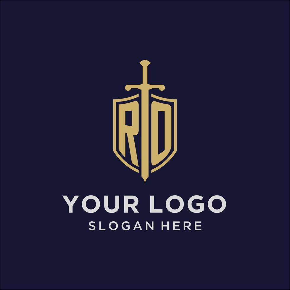 RO logo initial monogram with shield and sword design vector
