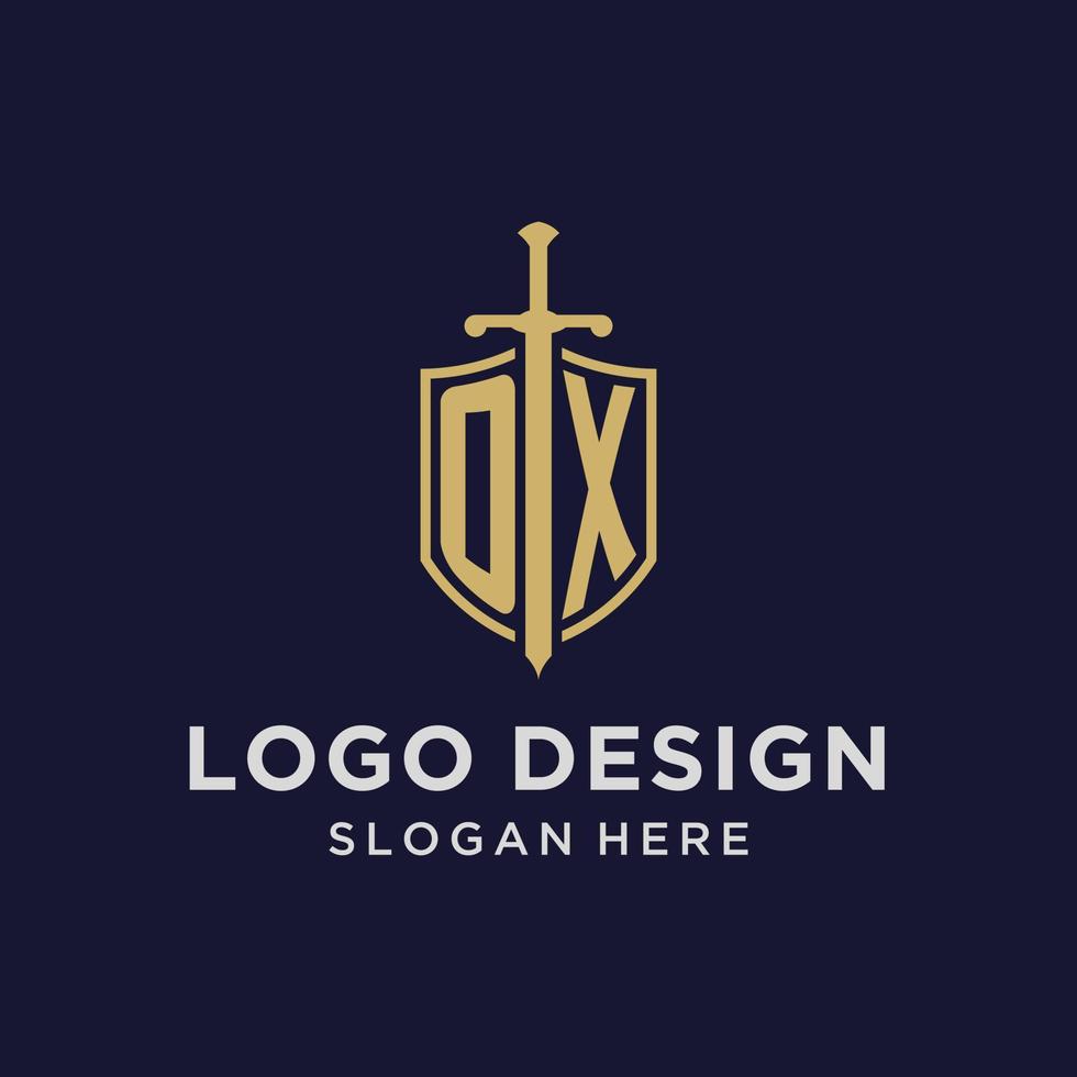 OX logo initial monogram with shield and sword design vector