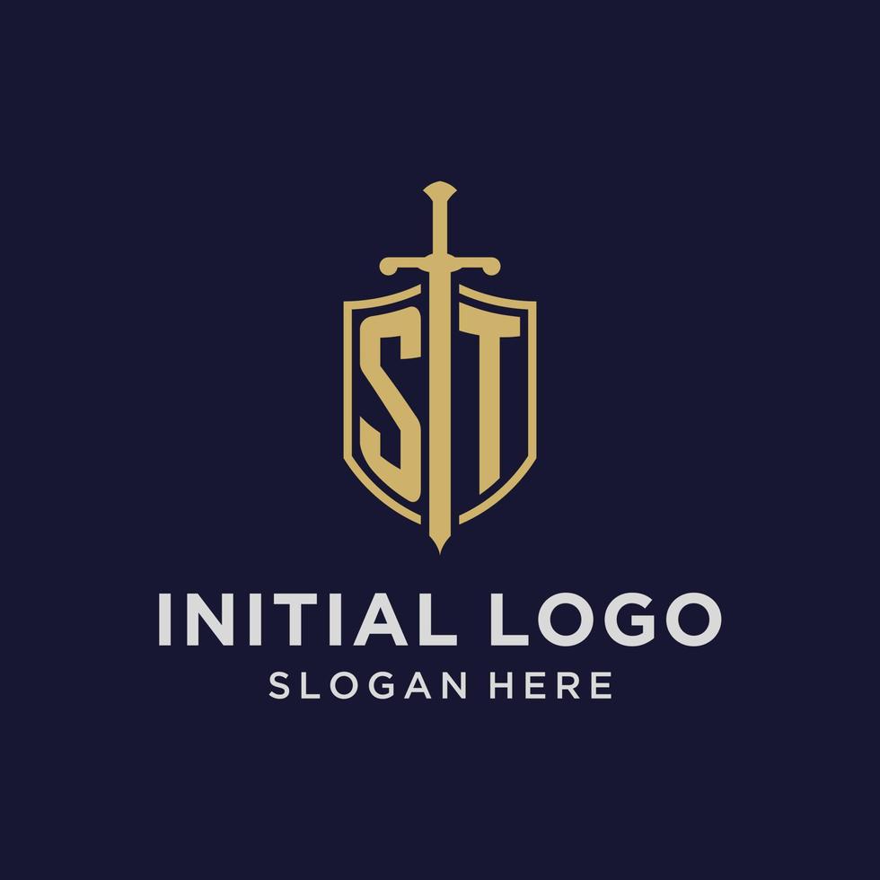 monograma inicial del logotipo de st con diseño de escudo y espada vector