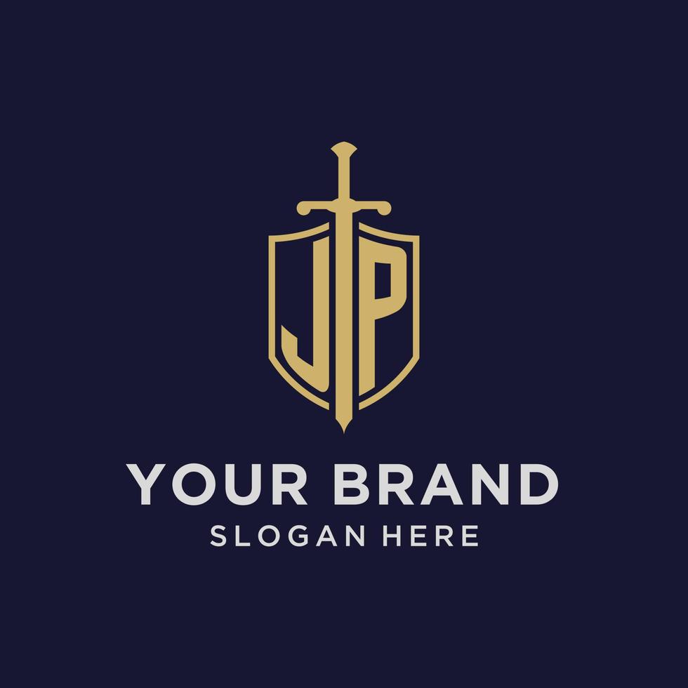 JP logo initial monogram with shield and sword design vector