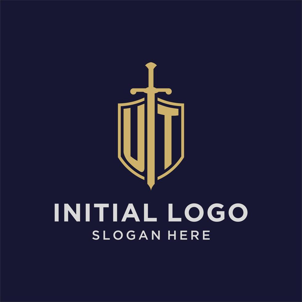 UT logo initial monogram with shield and sword design vector