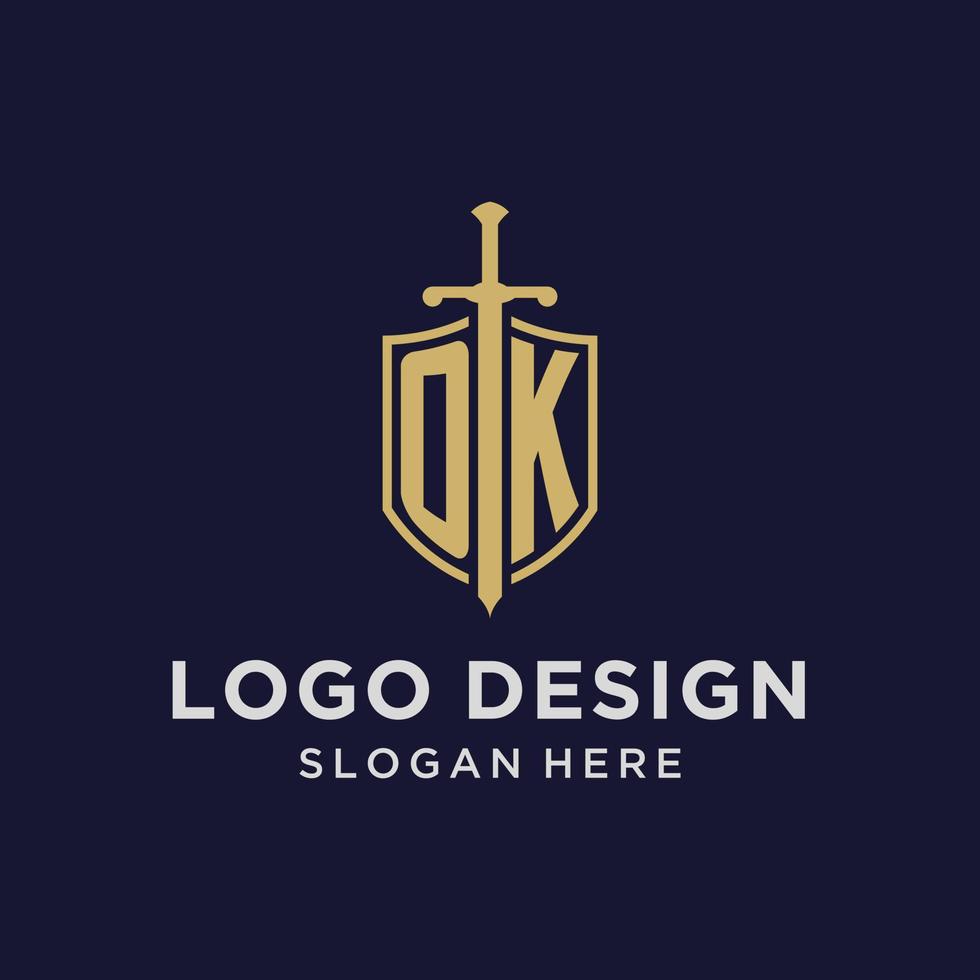 OK logo initial monogram with shield and sword design vector