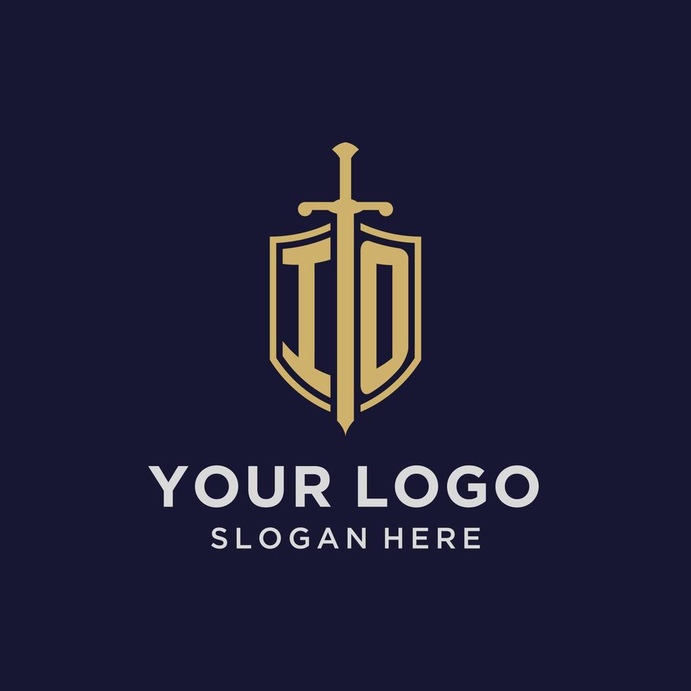 IO logo initial monogram with shield and sword design vector