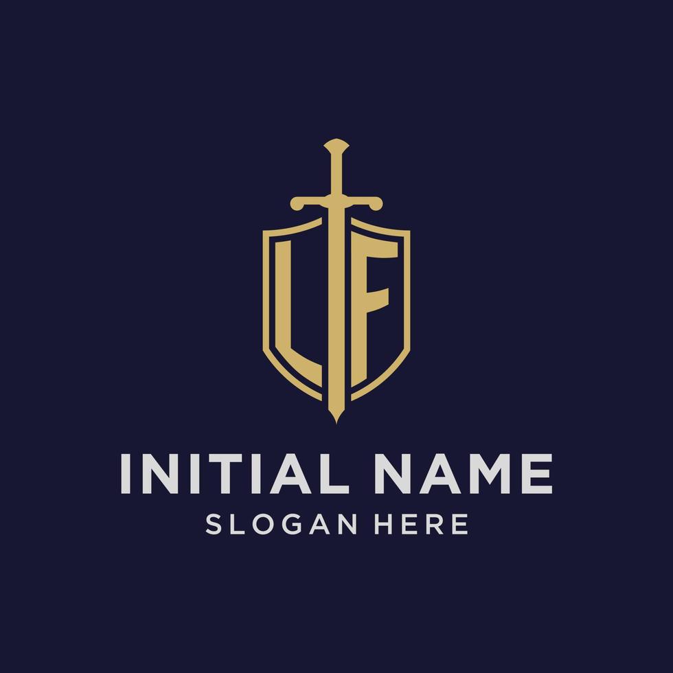 LF logo initial monogram with shield and sword design vector