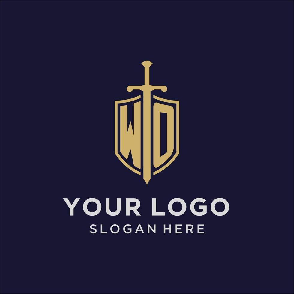 monograma inicial del logotipo wo con diseño de escudo y espada vector