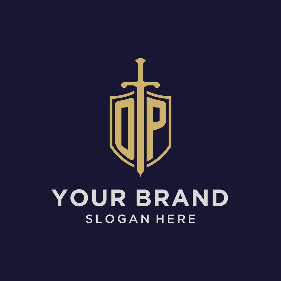 OP logo initial monogram with shield and sword design vector