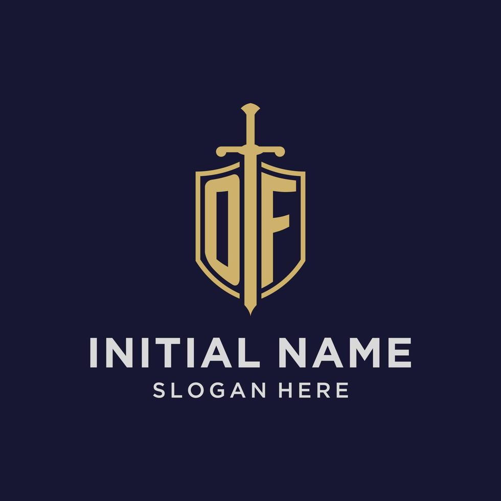 OF logo initial monogram with shield and sword design vector