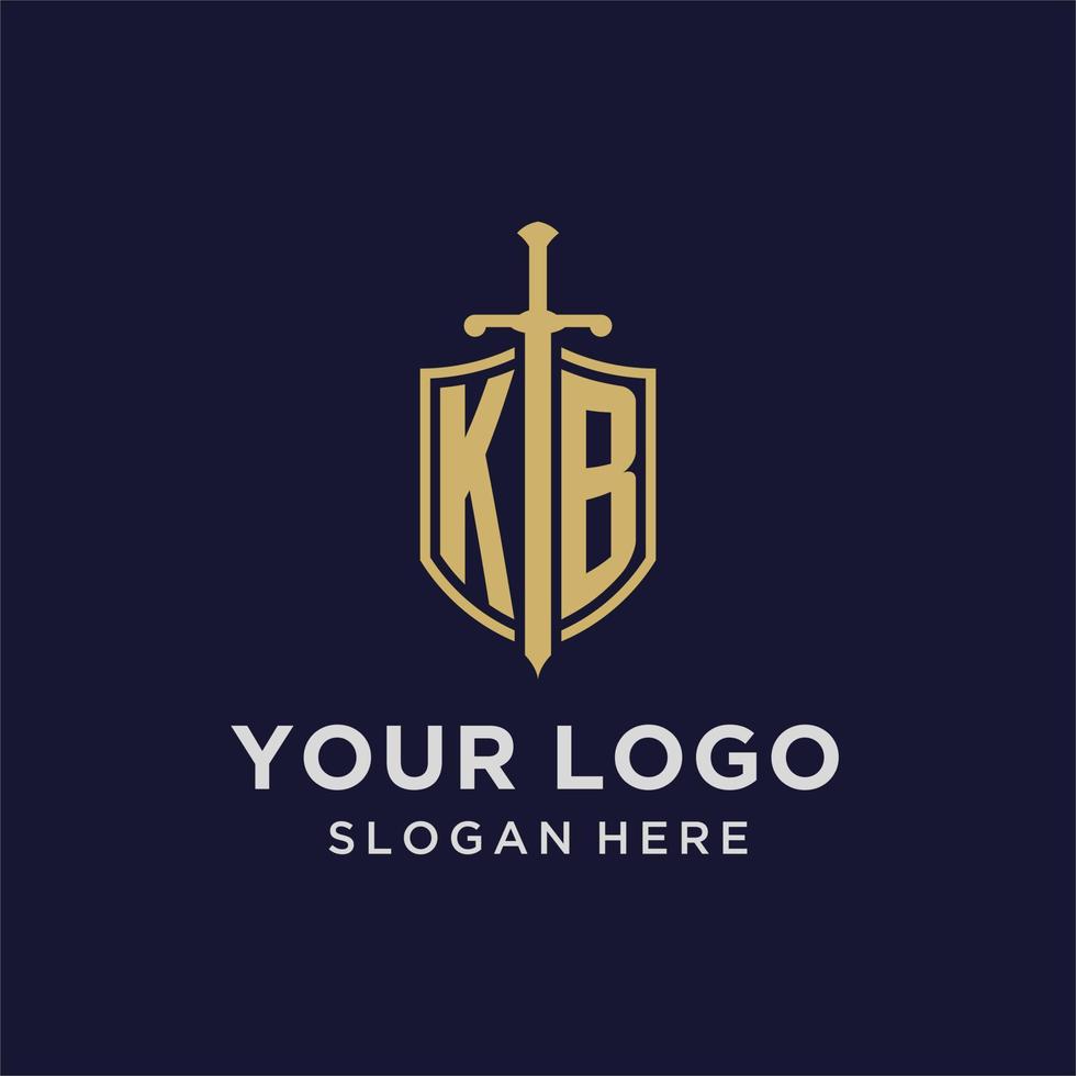 KB logo initial monogram with shield and sword design vector