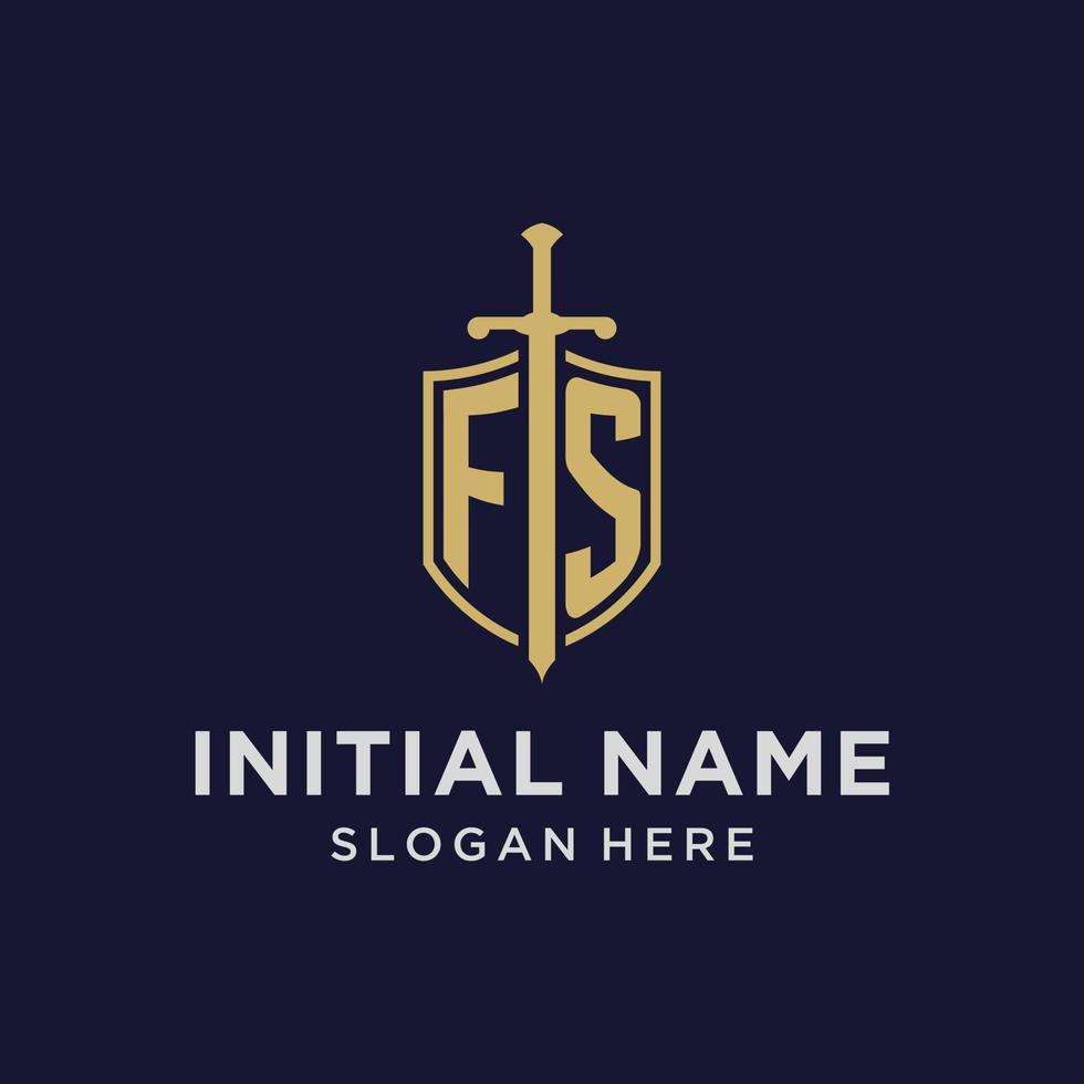 FS logo initial monogram with shield and sword design vector