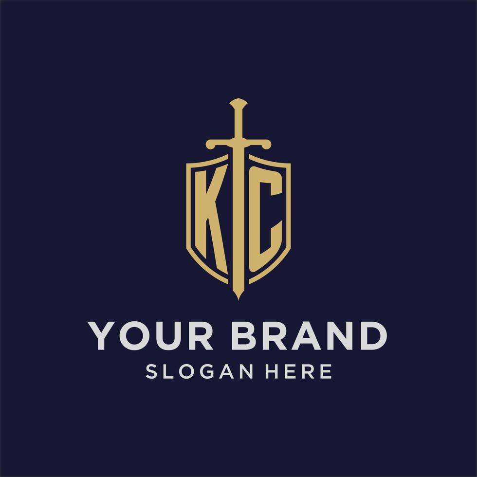 KC logo initial monogram with shield and sword design vector