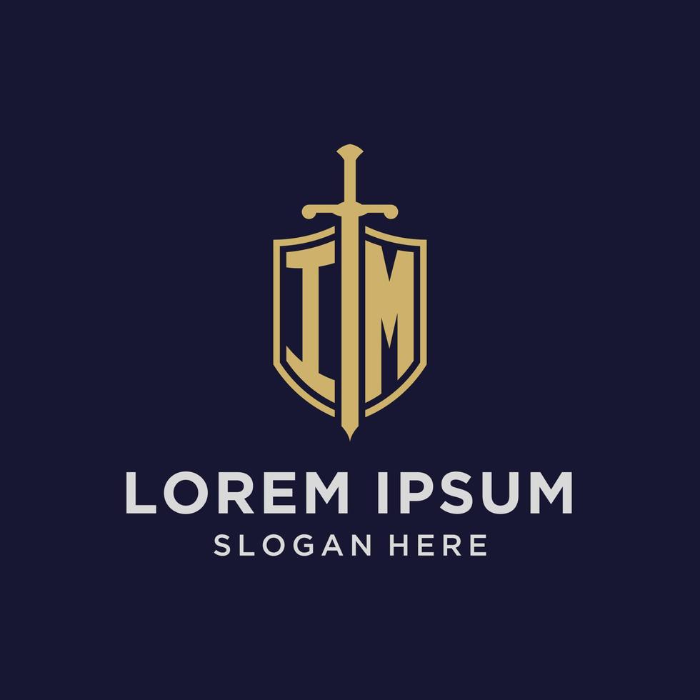 IM logo initial monogram with shield and sword design vector