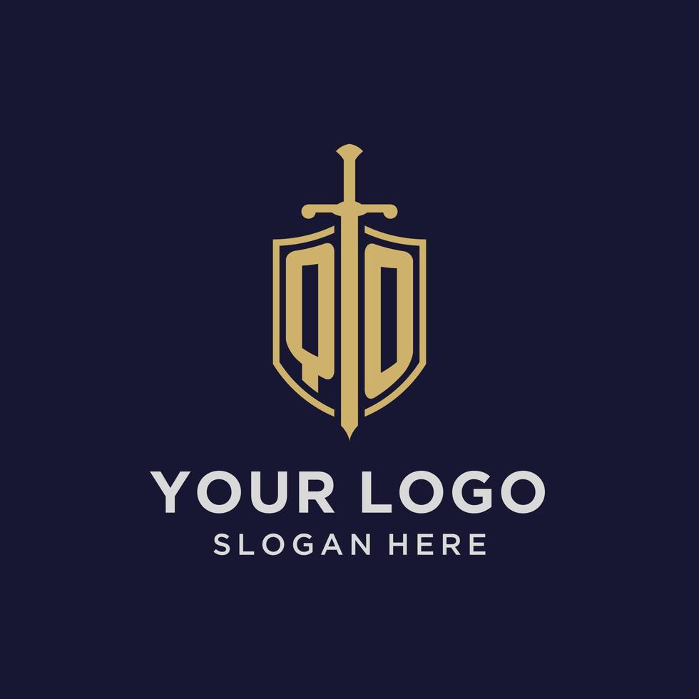 monograma inicial del logotipo qo con diseño de escudo y espada vector