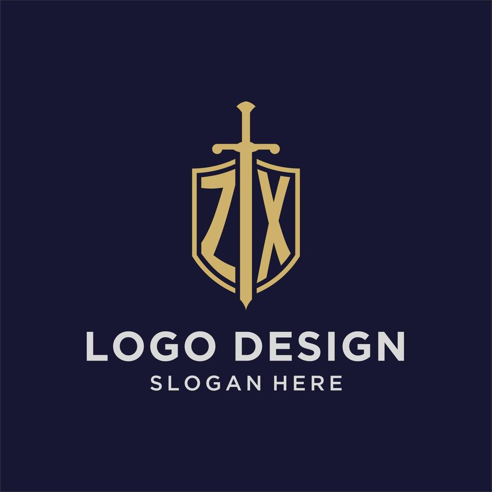 ZX logo initial monogram with shield and sword design vector