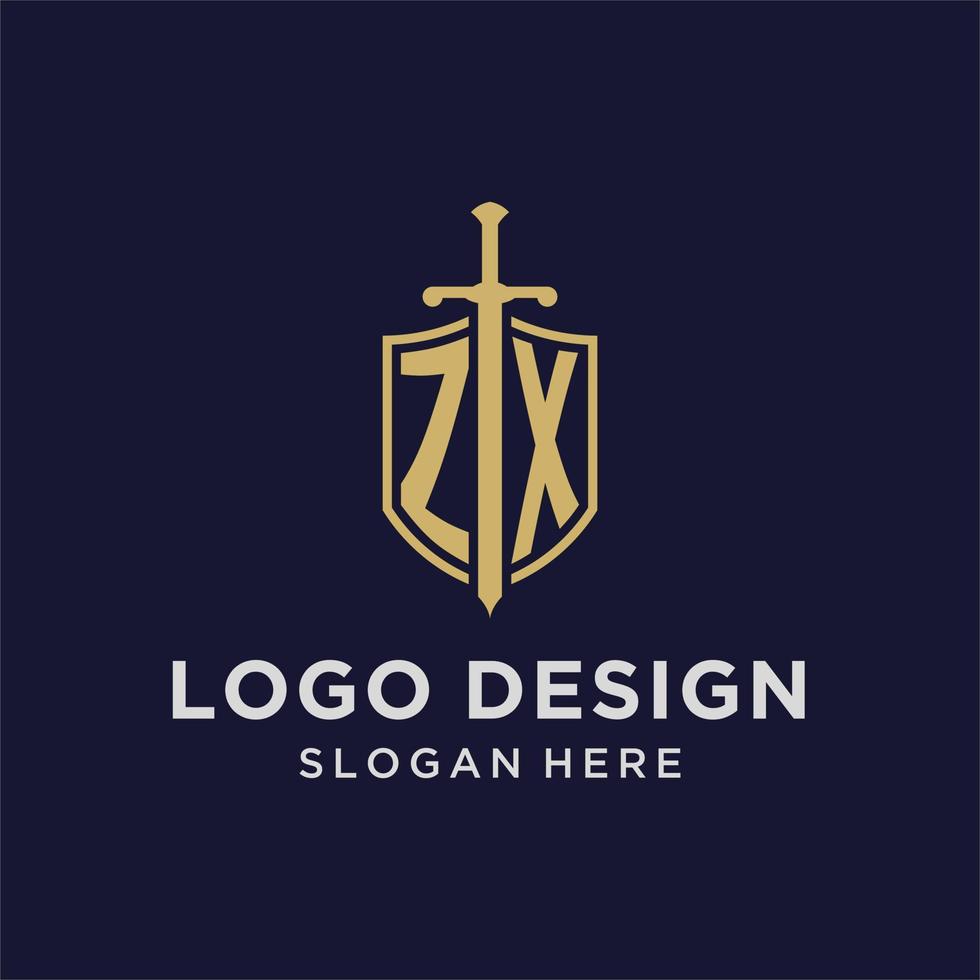 monograma inicial del logotipo zx con diseño de escudo y espada vector