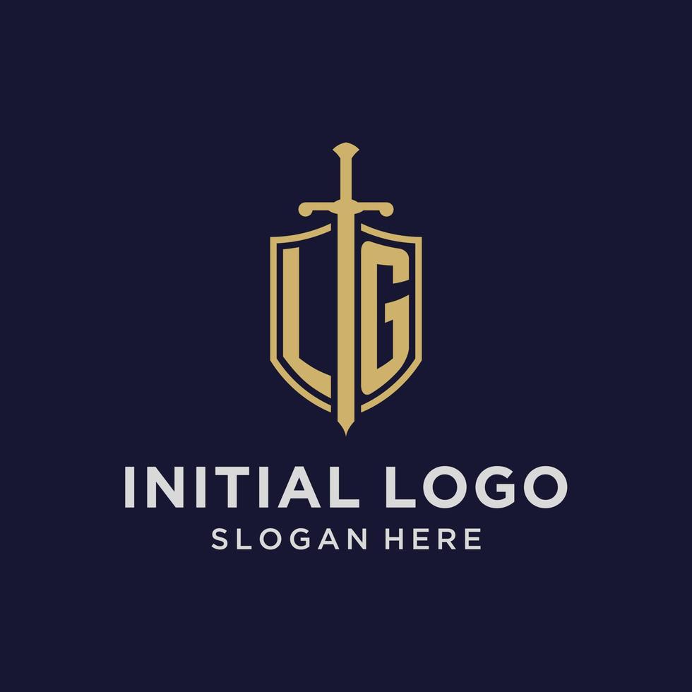 LG logo initial monogram with shield and sword design vector