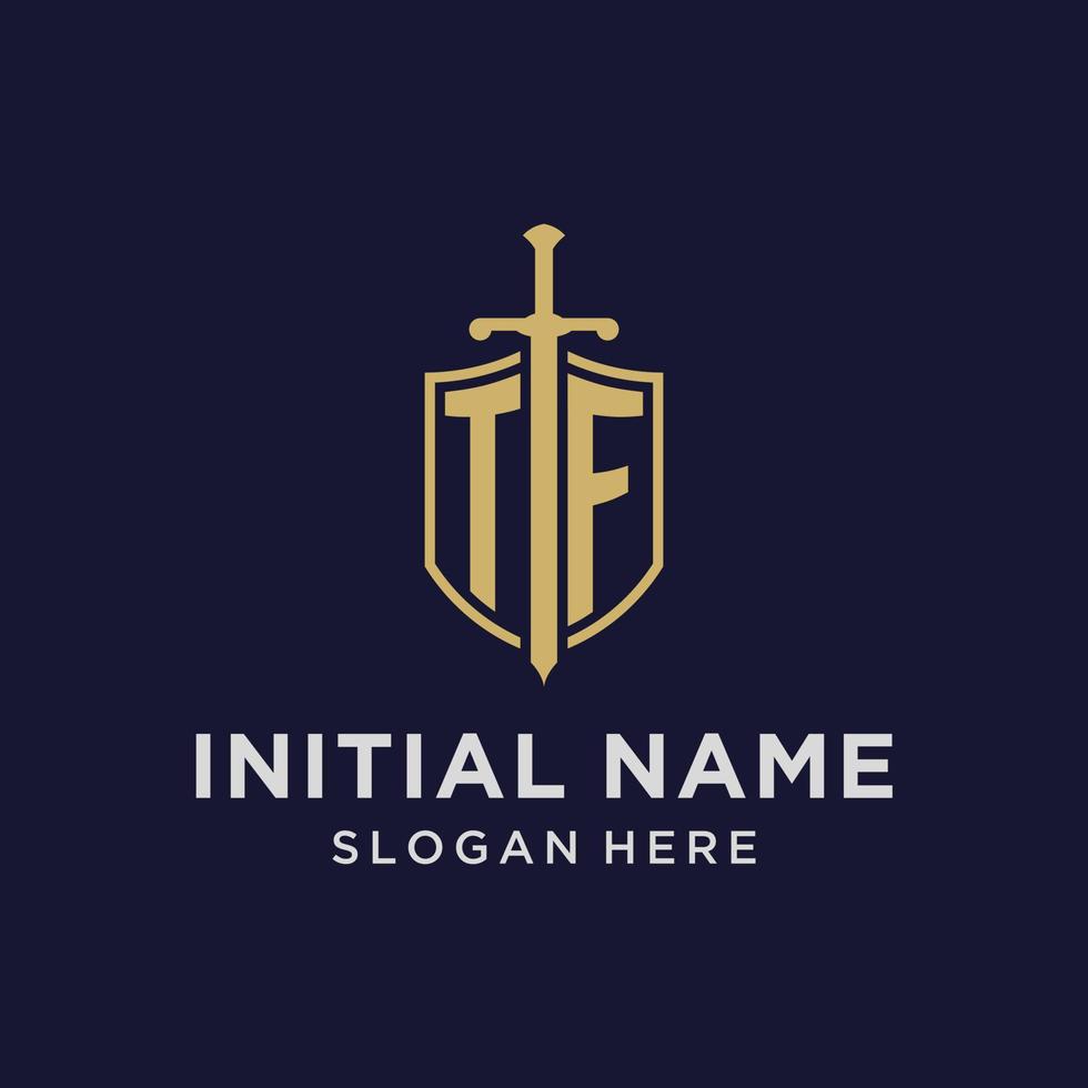 TF logo initial monogram with shield and sword design vector