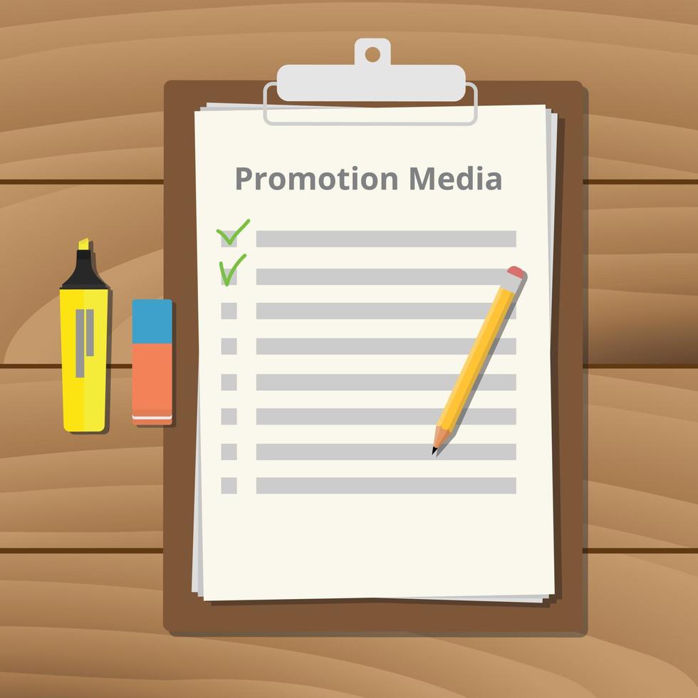 promotional media checklist on the clipboard with pencil marker and eraser vector illustration