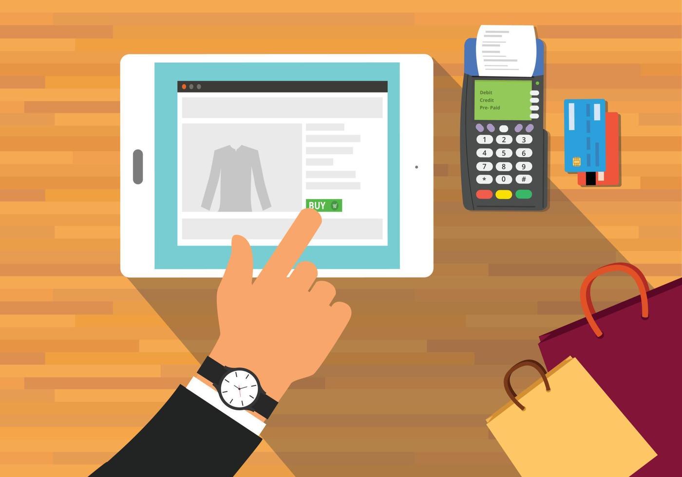mobile commerce concept illustration with payment machine and shopping bags vector