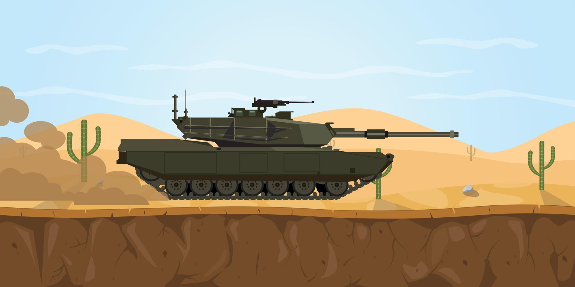 m1 abrams tank usa main battle tank on the desert with haze smoke on the road vector graphic illustration