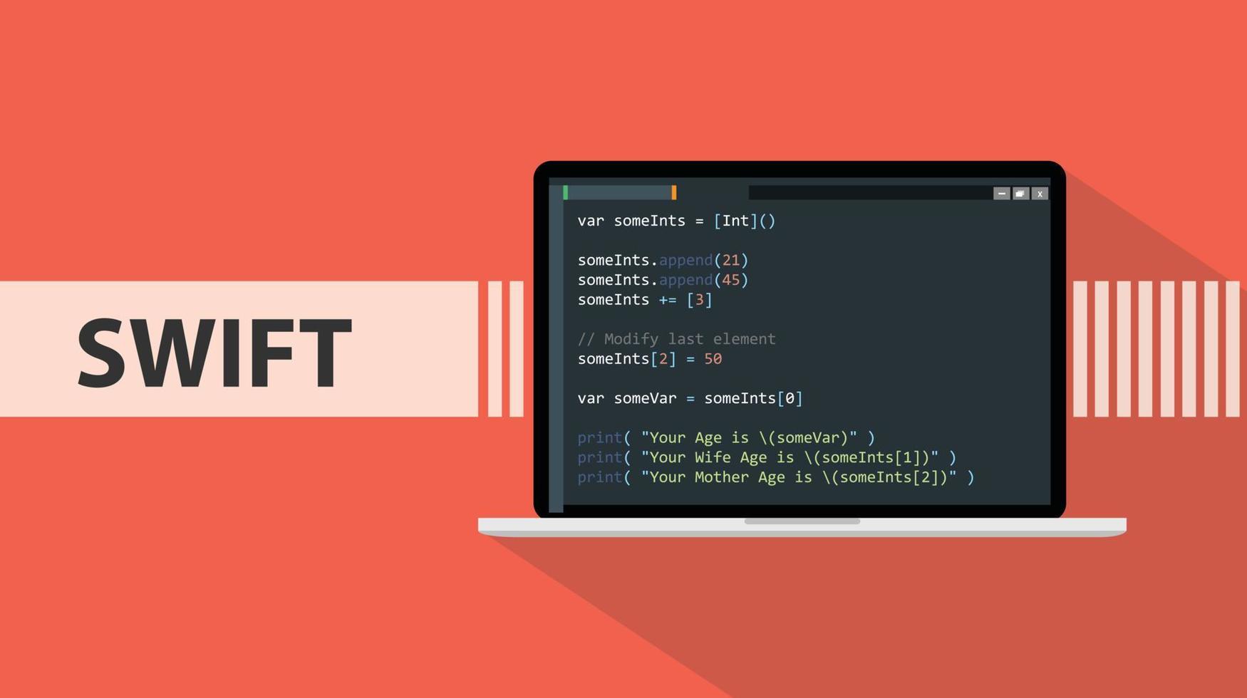 swift code programming language with script code on laptop screen vector graphic