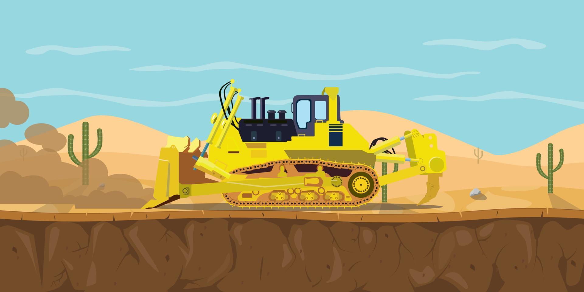 un equipo pesado de excavadora en el desierto con cactus como ilustración gráfica vectorial de fondo vector