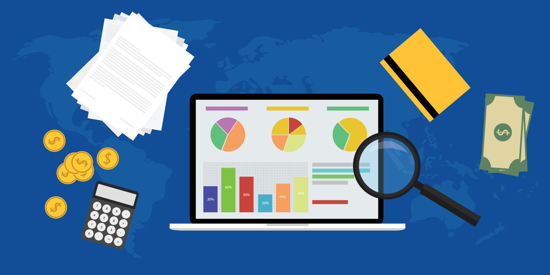 business analyst with laptop notebook graph calculator zoom money