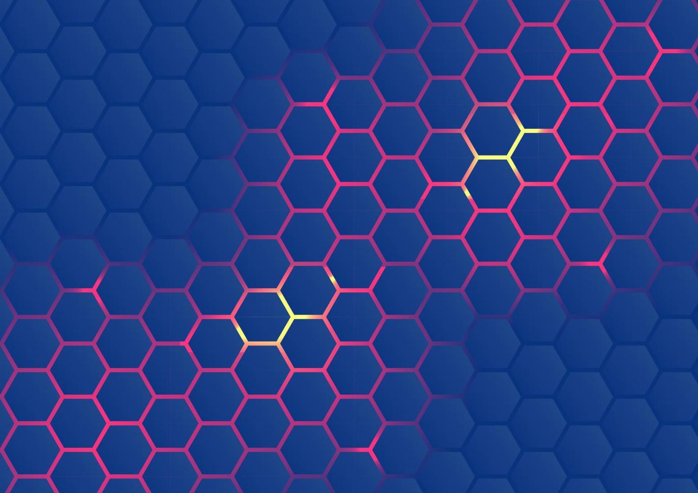 Modern technology abstract vector background in bee honeycombs or hive cells. Red and yellow hexagonal shape on blue background.