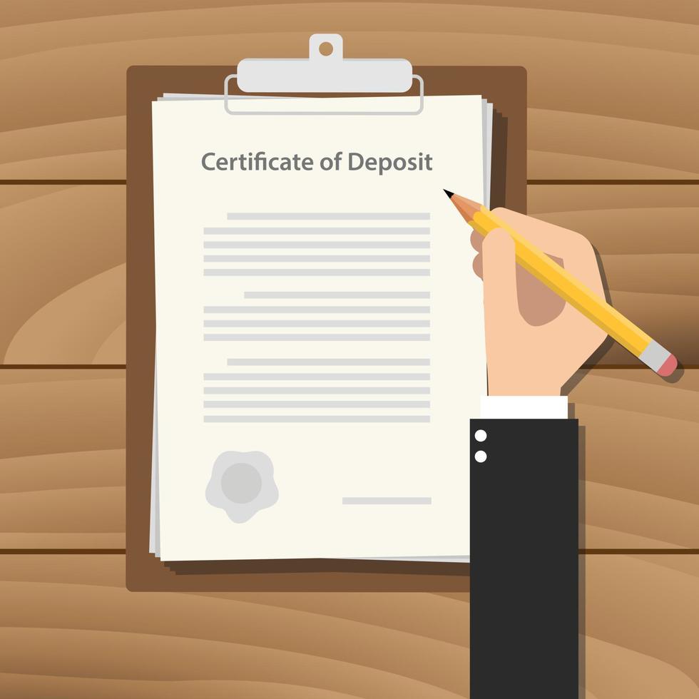 certificate of deposit illustration concept with hand business man signing a paperwork document on top of the table vector