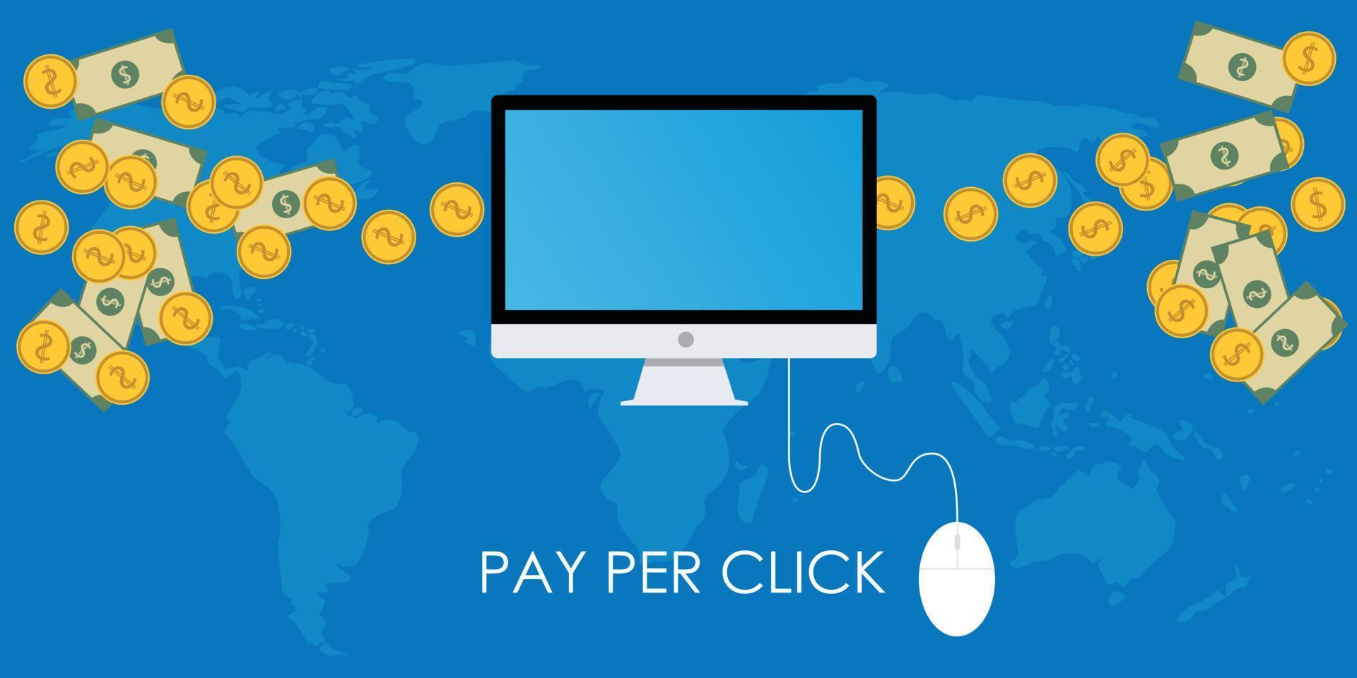 pay per click world map pc dekstop and money coin vector