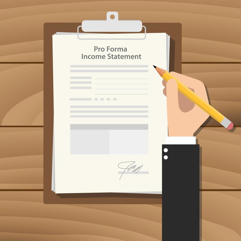 pro forma income statement illustration with businessman hand signing a paper document on clipboard on top of the wooden table vector