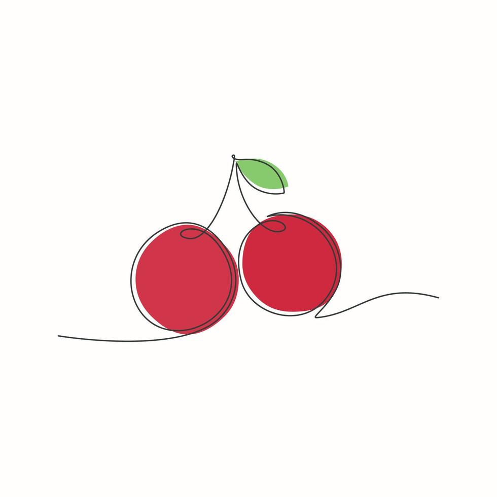 Continuous line drawing of cherry with color spot. Cherry background vector illustration. Modern minimalist art.