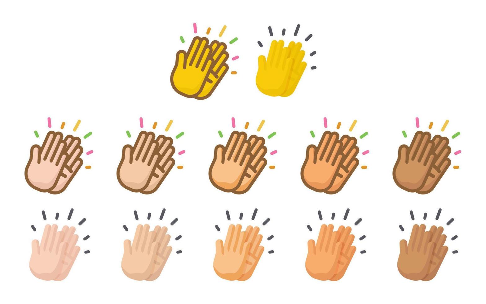 Clapping hands emoji set. Two styles of Applause icons, line icon and flat cartoon design with colour option. Different skin shades. Vector illustration