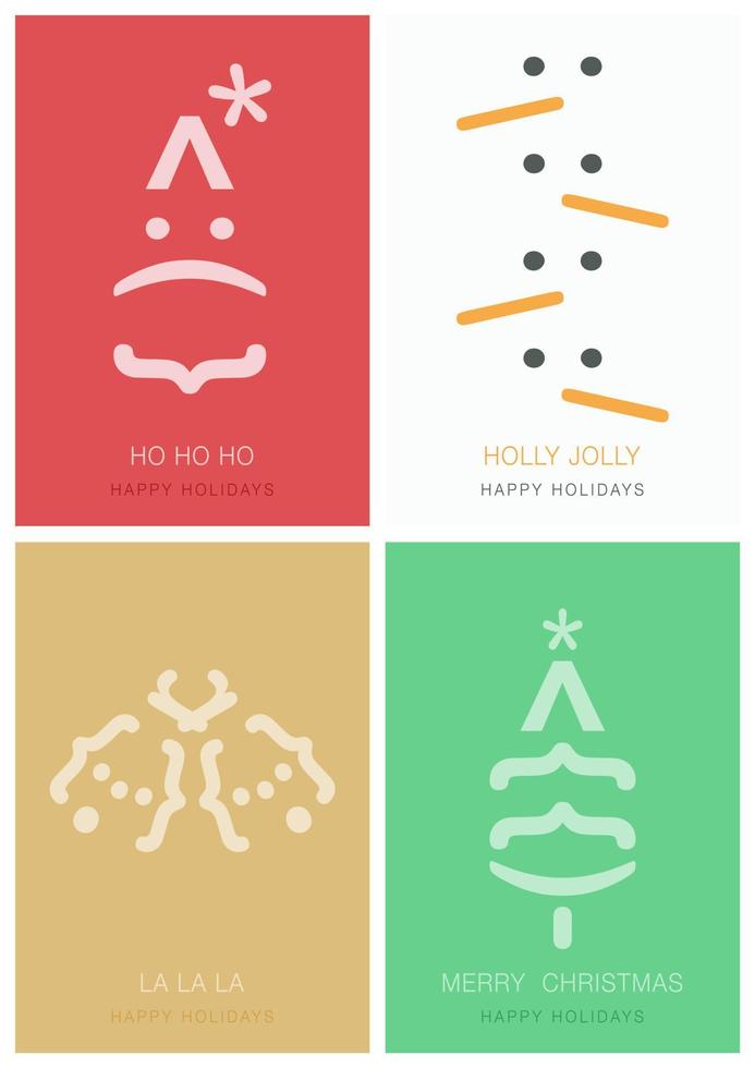 Set of 4 type Christmas greeting design by special letter. Winter Holiday cards templates with decorative Christmas Tree, Santa Clause, Snowman, Bells and copy space vector