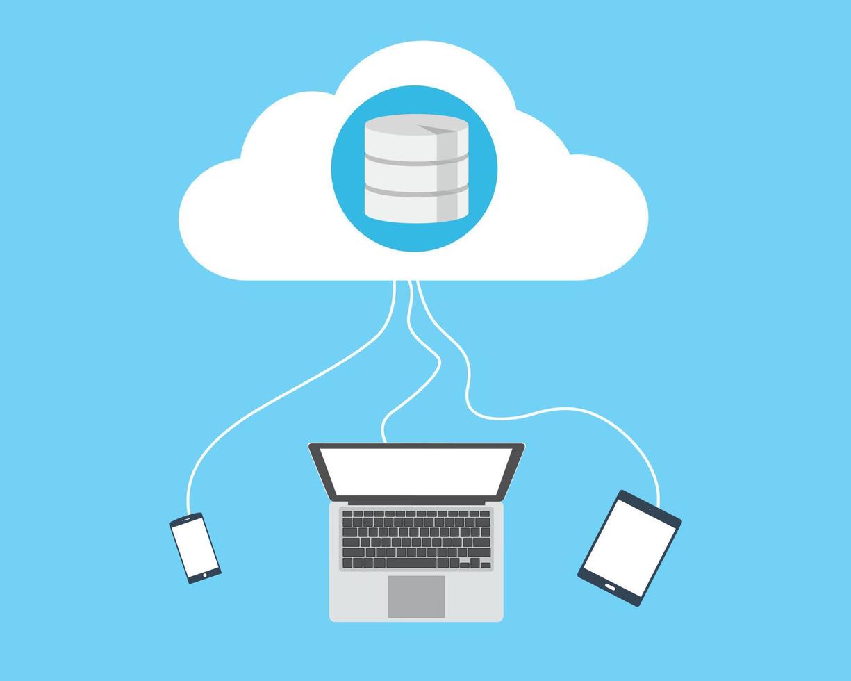 base de datos en la nube que conecta el teléfono inteligente portátil y el vector plano de la pestaña