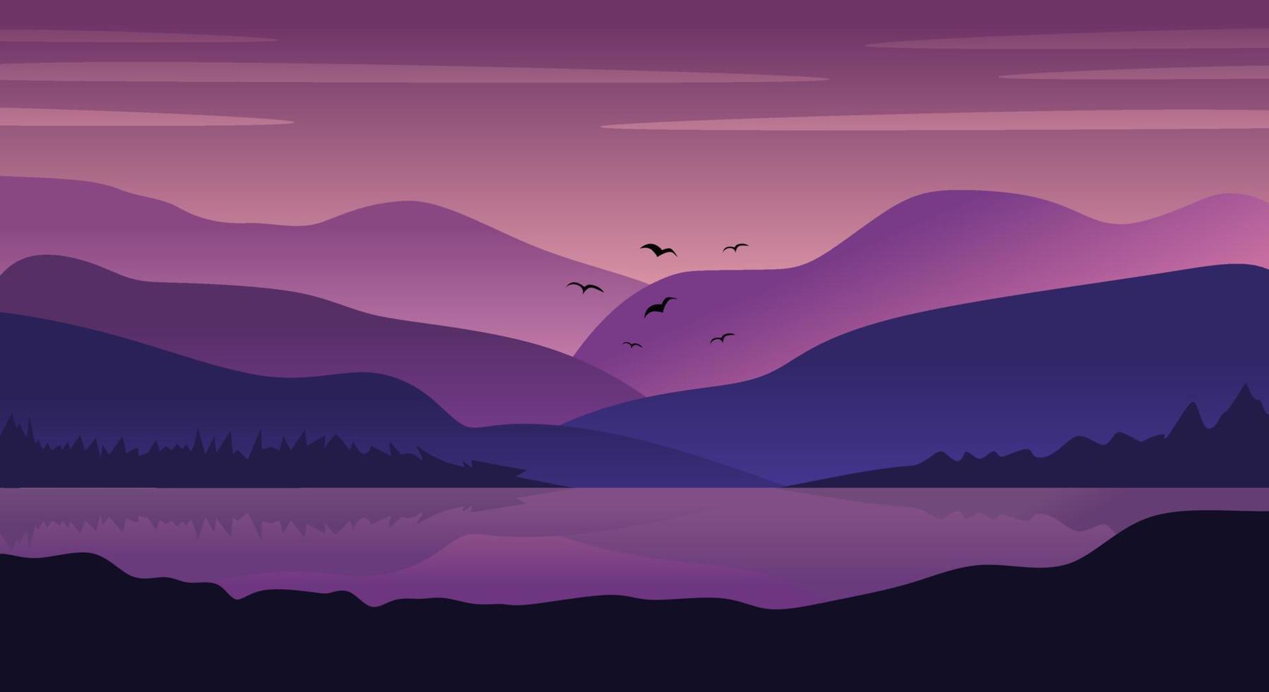 Natural landscape with lake, hill, and mountain, cartoon style illustration landscape vector