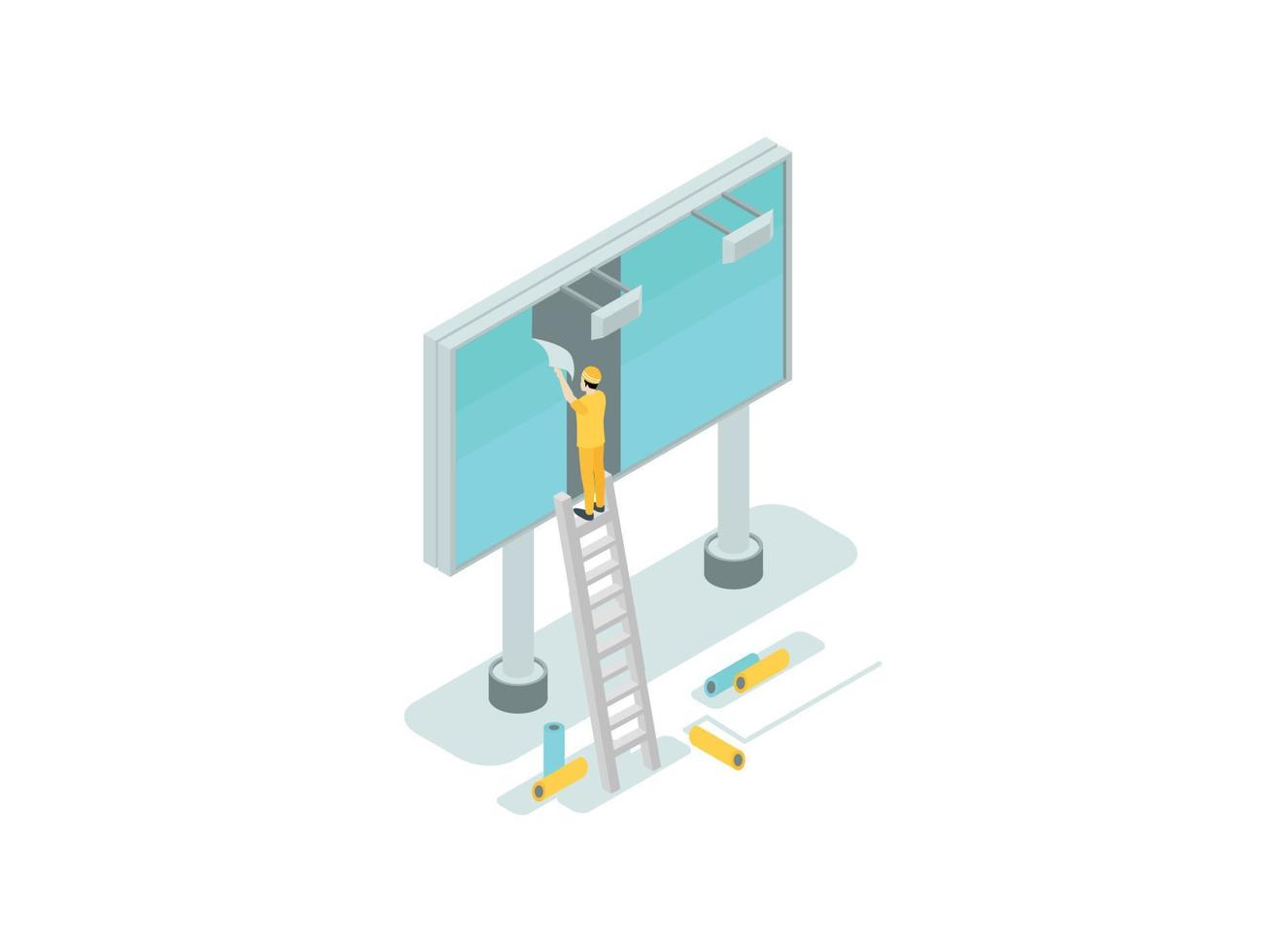 3d Isometric roadside advertising banner installation.  Vector Isometric Illustration Suitable for Diagrams, Infographics, And Other Graphic assets