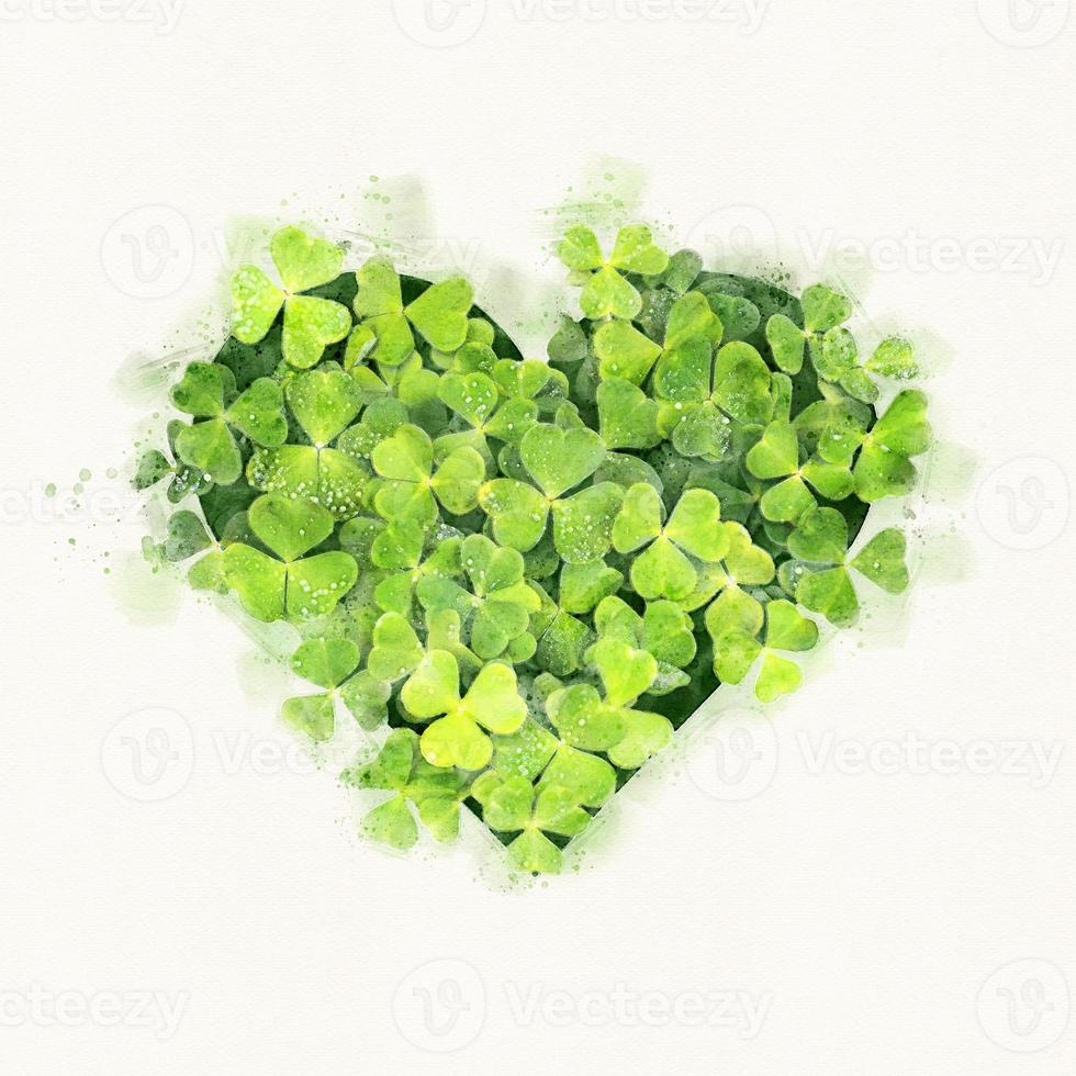 Green clover heart in watercolor style on white paper background photo