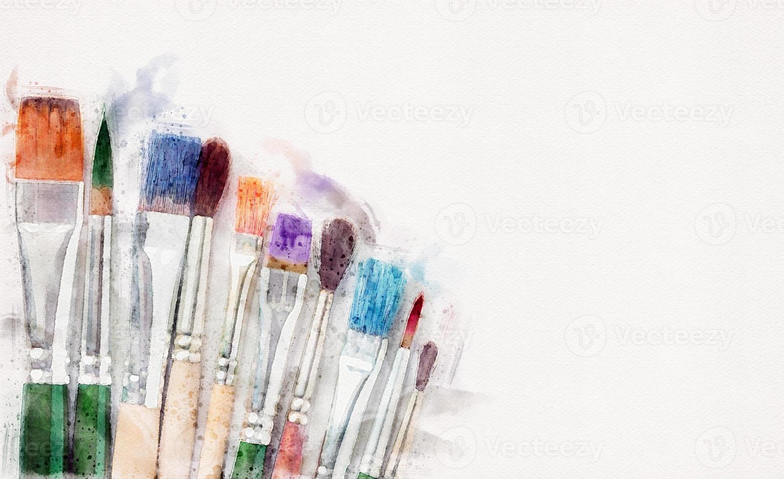 Paintbrushes stained with paints on white background, arts and creative ideas, copy space photo